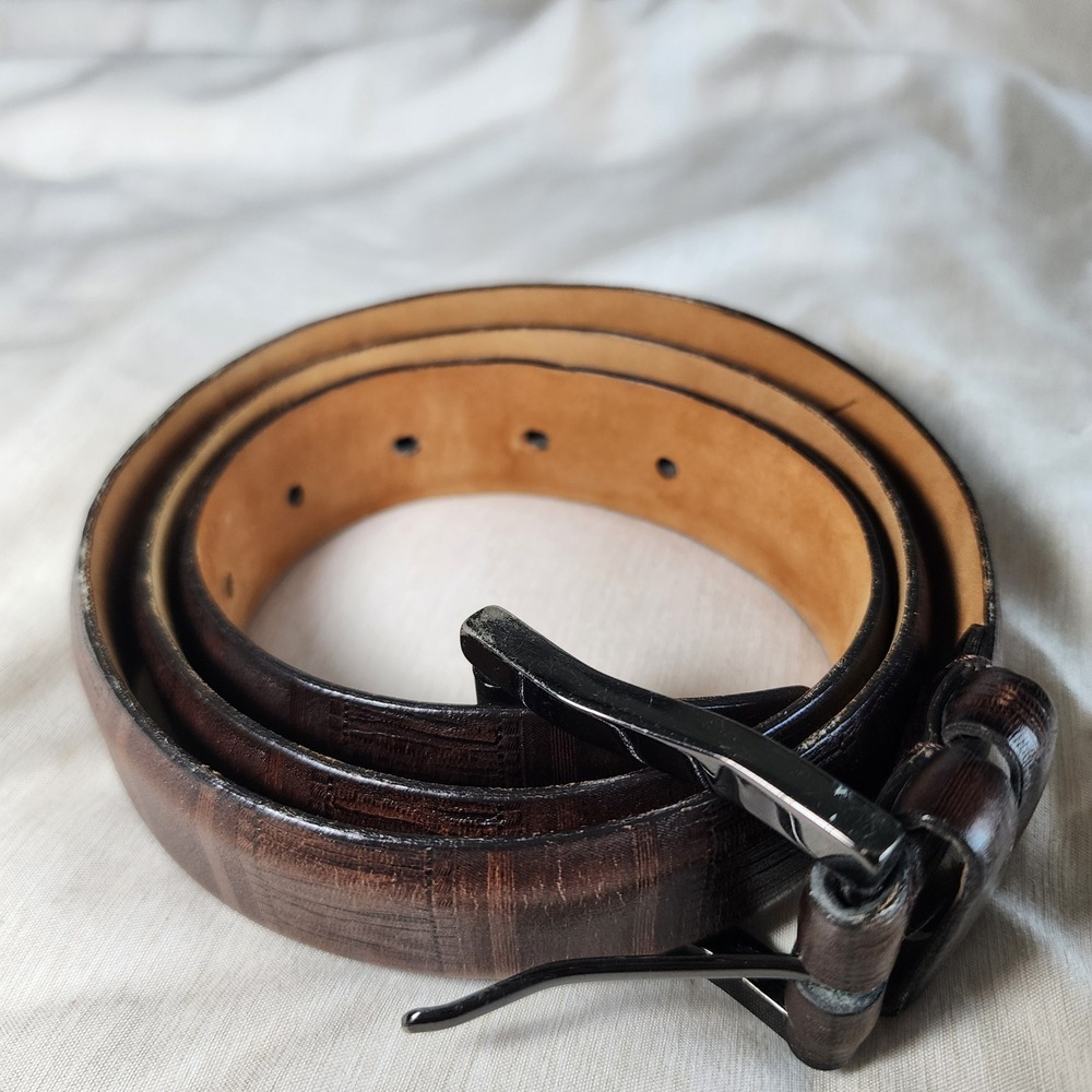 Remo Tulliani Belt Mens 34 Brown Italian Calfskin Embossed Geometric Dress 8552